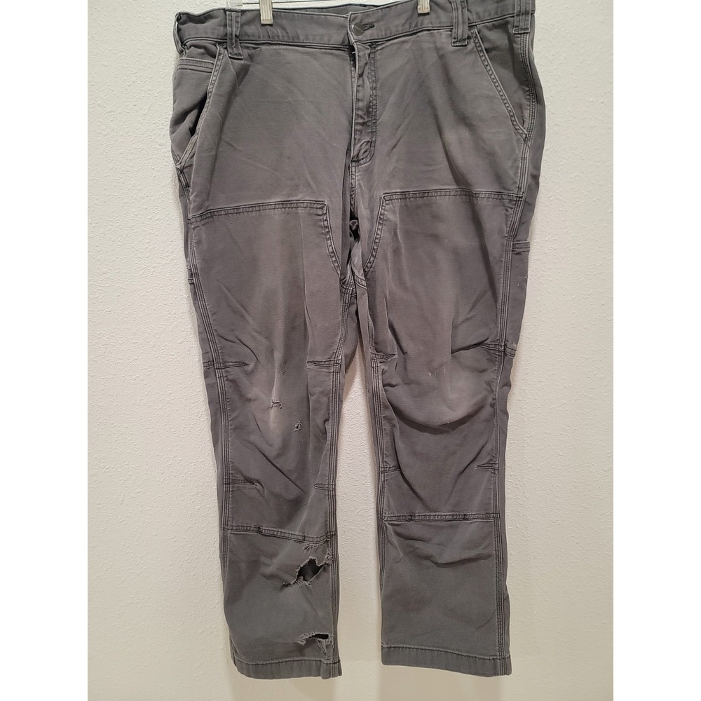 Carhartt gray double knee canvas double distressed 40x30 rippes in bottom leg